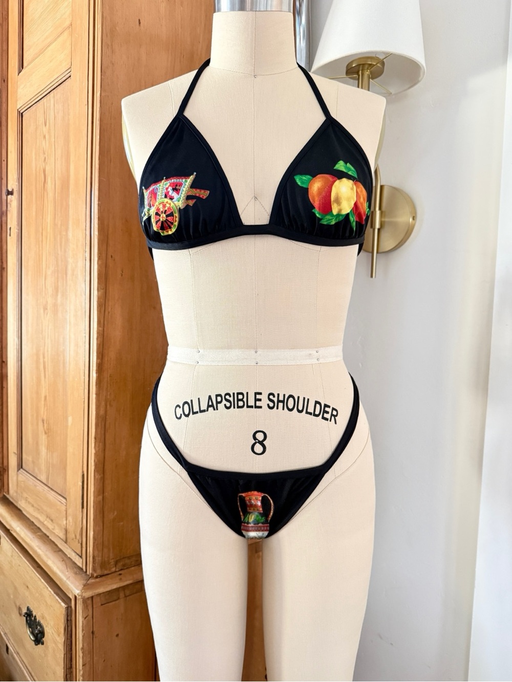 Dolce & Gabbana Authentic Vintage 1998 Black Bikini with Colorful Vase and Fruit